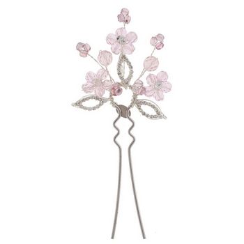 Balu - French Hair Pin w/Pink Flowers & Rhinestones - Pink/Silver (1)