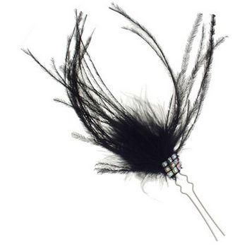 Balu - Black Feather On Silver Hued Hair Pin w/Crystals (1)
