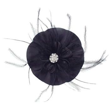 Karin's Garden - Large Leather and Feather Flower with Dazzling Crystal Center - Black