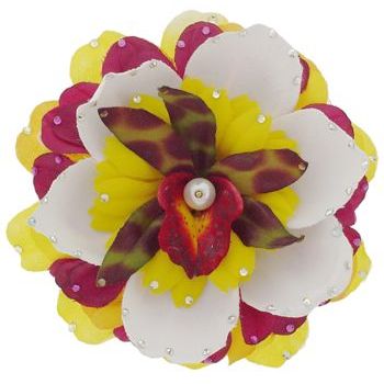 Michelle Roy - Large Layered Blooming Flower Clip - White, Yellow, Green and Fuchsia with Swarovski Crystals