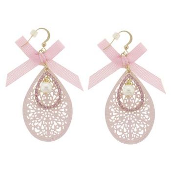 SOHO BEAT - Little Bow Peep - Pearl, Bow, and Crystal Filigree Drop Earrings - Cotton Candy Pink