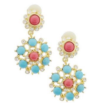 RJ Graziano - Vintage Spanish Inspired Coral, Turquoise, and Diamond Swarovski Crystal Drop Earrings