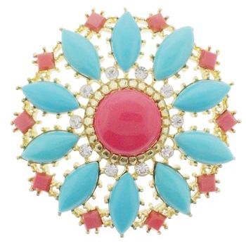 RJ Graziano - Coral, Turquoise, and Diamond Swarovski Crystal Medallion Style Brooch Pin