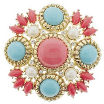 RJ Graziano - Vintage Spanish Inspired Coral and Turquoise Circular Brooch Pin