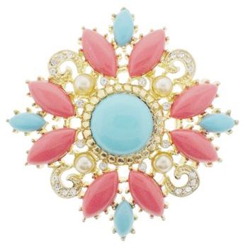 RJ Graziano - Vintage Spanish Inspired Coral, Turquoise, Pearl, and Diamond Swarovski Crystal Brooch Pin