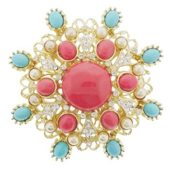 RJ Graziano - Coral, Turquoise, Pearl, and Diamond Swarovski Crystal Stacked Medallion Brooch Pin