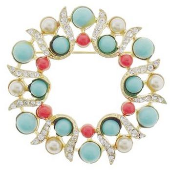 RJ Graziano - Pearl, Coral, Turquoise, and Diamond Swarovski Crystal Wreath Brooch Pin