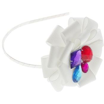 SBNY Accessories - White Ribbon Flower Headband with Abstract Gemstone Center
