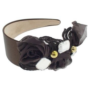 SBNY Accessories - Couture - Ivy - Lace, Rose, and Crystal Satin Headband - Chocolate