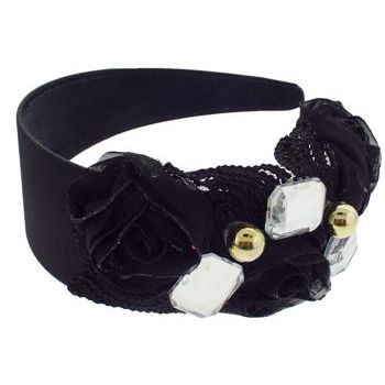 SBNY Accessories - Couture - Ivy - Lace, Rose, and Crystal Satin Headband - Darkest Midnight