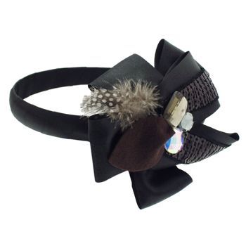 SBNY Accessories - Couture - Safflower - Sequined Satin Ribbon Ruffles with Crystals and Feather - Raven Black
