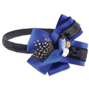 SBNY Accessories - Couture - Safflower - Sequined Satin Ribbon Ruffles with Crystals and Feather - Royal Blue