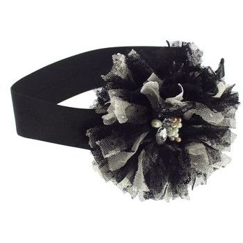 SBNY Accessories - Couture - Marigold - Satin Bandeau with Blooming Flower of Lace, Sequins, Pearls, and Crystals - Raven Black