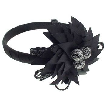 SBNY Accessories - Couture - Telstar - Blooming Flower of Satin, Braided Leather, and Webbed Orbs - Raven Black