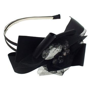 SBNY Accessories - Couture - Carnation - Ruffled Ribbon, Lace, and Crystal Double Headband - Midnight Black