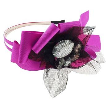 SBNY Accessories - Couture - Carnation - Ruffled Ribbon, Lace, and Crystal Double Headband - Fuchsia