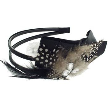 SBNY Accessories - Couture - Aster - Satin Ribbon, Speckled Feather, and Crystal Double Headband - Raven Black