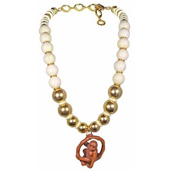 Tarina Tarantino - CocoBanana - Large Gold and Ivory Bead Hand Carved Monkey Necklace