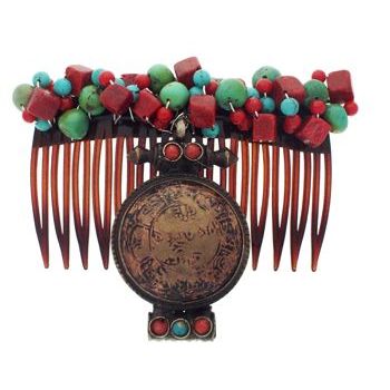Natasha B. - Turquoise & Coral Stone Comb w/Antique Chinese Authentic Sniff Box (1)