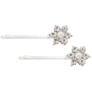 Karen Marie - Crystal & Pearl Flower Bobby Pins - White/Silver (Set of 2)
