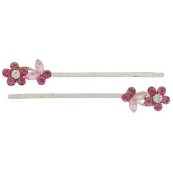 Karen Marie - Crystal Daisy & Butterfly Silver Bobby Pins - Rose (Set of 2)