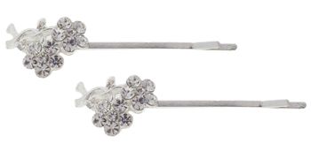 HB HairJewels - Austrian Crystal Flower Hairpins - White/Silver (Set of 2 Bobby Pins)