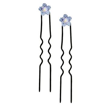 Karen Marie - Austrian Crystal Flower French Hairpins - Blue w/Black (2)