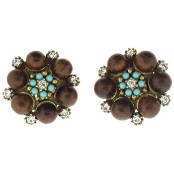 Gerard Yosca - Wood Beads & Turquoise Swarovski Crystals Clip On Earrings (2 Earrings Per Set)