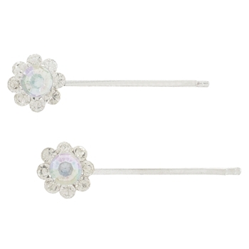 Karen Marie - Bridal Collection - Crystal Silver Bobby Pins - White w/AB Crsytal Center (Set of 2)