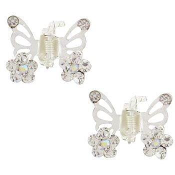 Karen Marie - Tiny Crystal Flower Butterfly Claw - White/Silver (Set of 2)