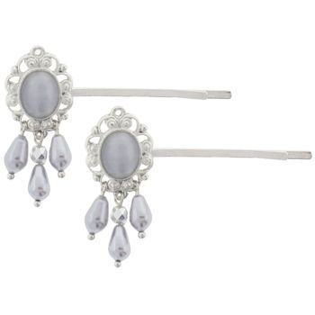 Martine Wester - White Ice Crystal Oval Drop Bobby Pins - Silver (2)