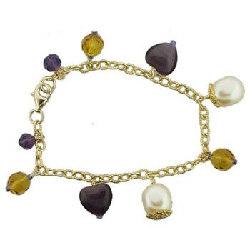 Michele Busch - Bracelet - Gold Link Chain w/Purple Hearts, Gold Capped Pearls, & Amber Crystal Beads