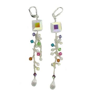 Michele Busch - Earrings - Set of Iridescent Clear Cubes w/Dangling Gems