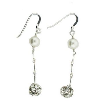Michele Busch - Earrings - Set of Sterling Silver Chain w/Freshwater Pearl & Rhinestone Ball