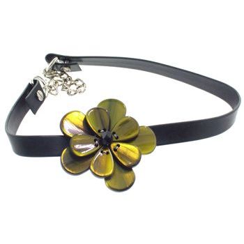 Karen Marie - Black Leather Choker Necklace w/Pansy - Olivine (1)
