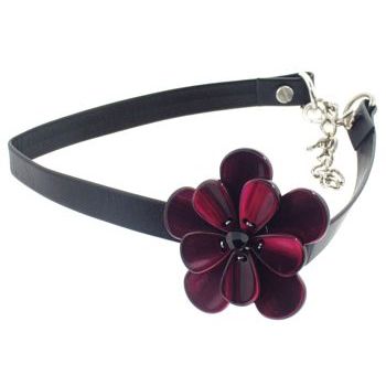 Karen Marie - Black Leather Choker Necklace w/Pansy - Fuschsia (1)