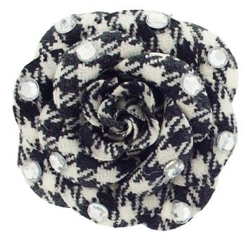 HB HairJewels - Lucy Collection - Houndstooth Inspired Rhinestone Flower Brooch Pin - Black & White