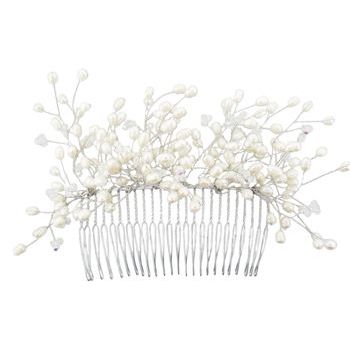 Nakamol Design - Crystal & Pearl Large Spray Comb - Silver/White