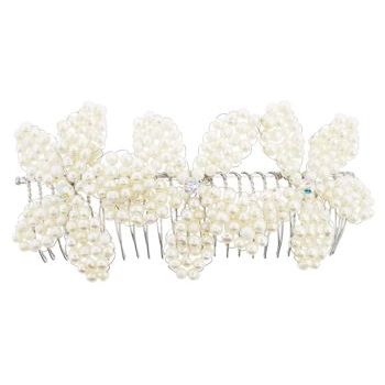 Nakamol Design - Crystal & Pearl Flower Comb - Silver/White Pearl