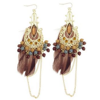 SOHO BEAT - Gypsy Love - Feather, Bead, and Gemstone Chandelier Earrings - Chocolate