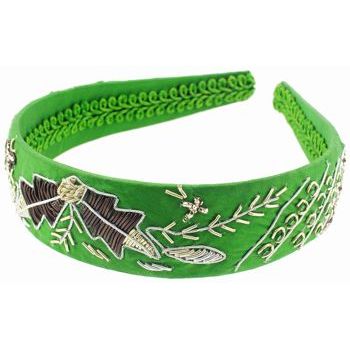 Santi - Satin Inspired Beaded Indian Style Headband - 1 1/4inch - Green w/Silver & Bronze Thread