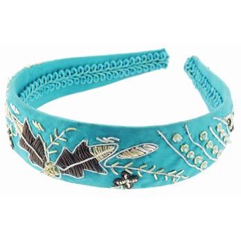 Santi - Satin Inspired Beaded Indian Style Headband - 1 1/4inch - Turquoise Blue w/Silver & Gold Thread