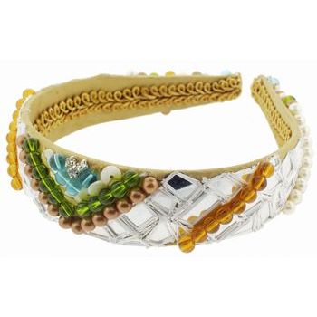Santi - Satin Inspired Beaded Indian Style Headband - 1 1/4inch - Gold w/Silver & White Thread (1)