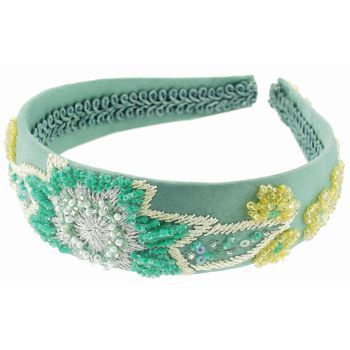 Santi - Satin Inspired Beaded Indian Style Headband - 1 1/4inch - Sea Foam Green w/Beaded Starburst Patter & Gold Accent Beads