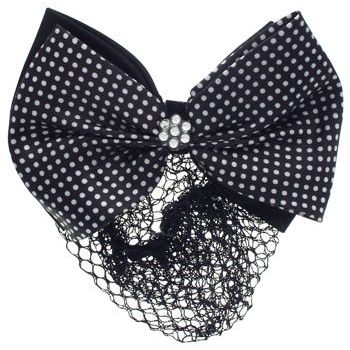 HB HairJewels - Lucy Collection - Black Lace Snood with Black and White Polka Dot Crystal Bow