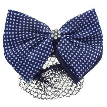 HB HairJewels - Lucy Collection - Black Lace Snood with Navy and White Polka Dot Crystal Bow