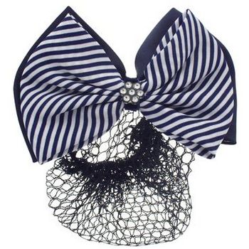 HB HairJewels - Lucy Collection - Black Lace Snood with Navy and White Striped Crystal Bow