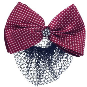 HB HairJewels - Lucy Collection - Black Lace Snood with Red and White Polka Dot Crystal Bow
