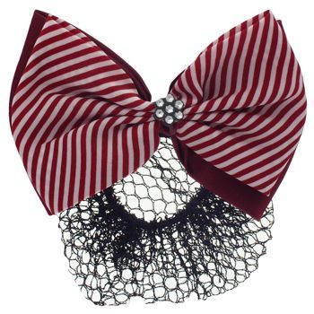 HB HairJewels - Lucy Collection - Black Lace Snood with Red and White Striped Crystal Bow