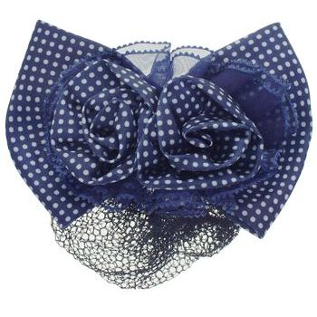 HB HairJewels - Lucy Collection - Black Lace Snood with Navy and White Polka Dot Flower Bow